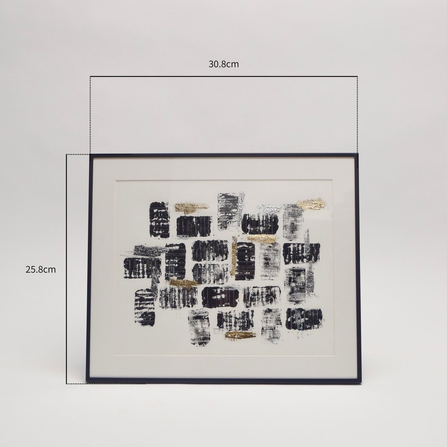 Framed abstract art piece with measurements annotated. 