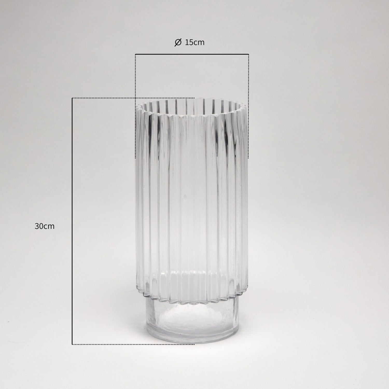 Clear glass vase with ribbed detail and measurements shown