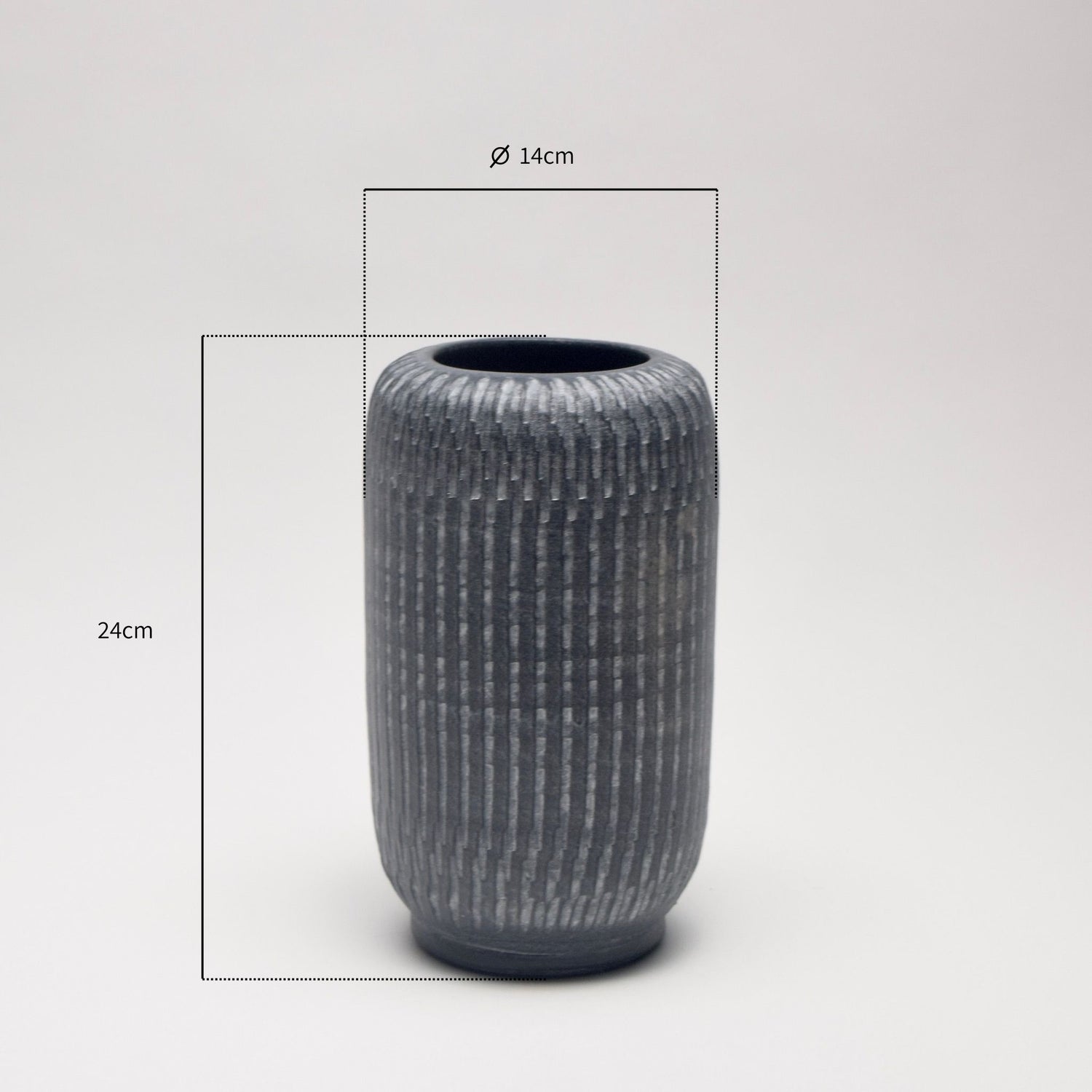 Grey textured vase with dimensions on a light gray background