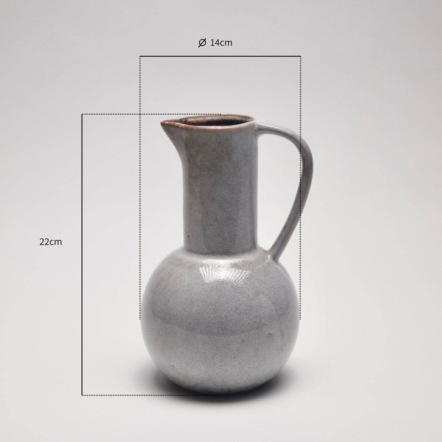Grey ceramic jug with dimensions on a light grey background