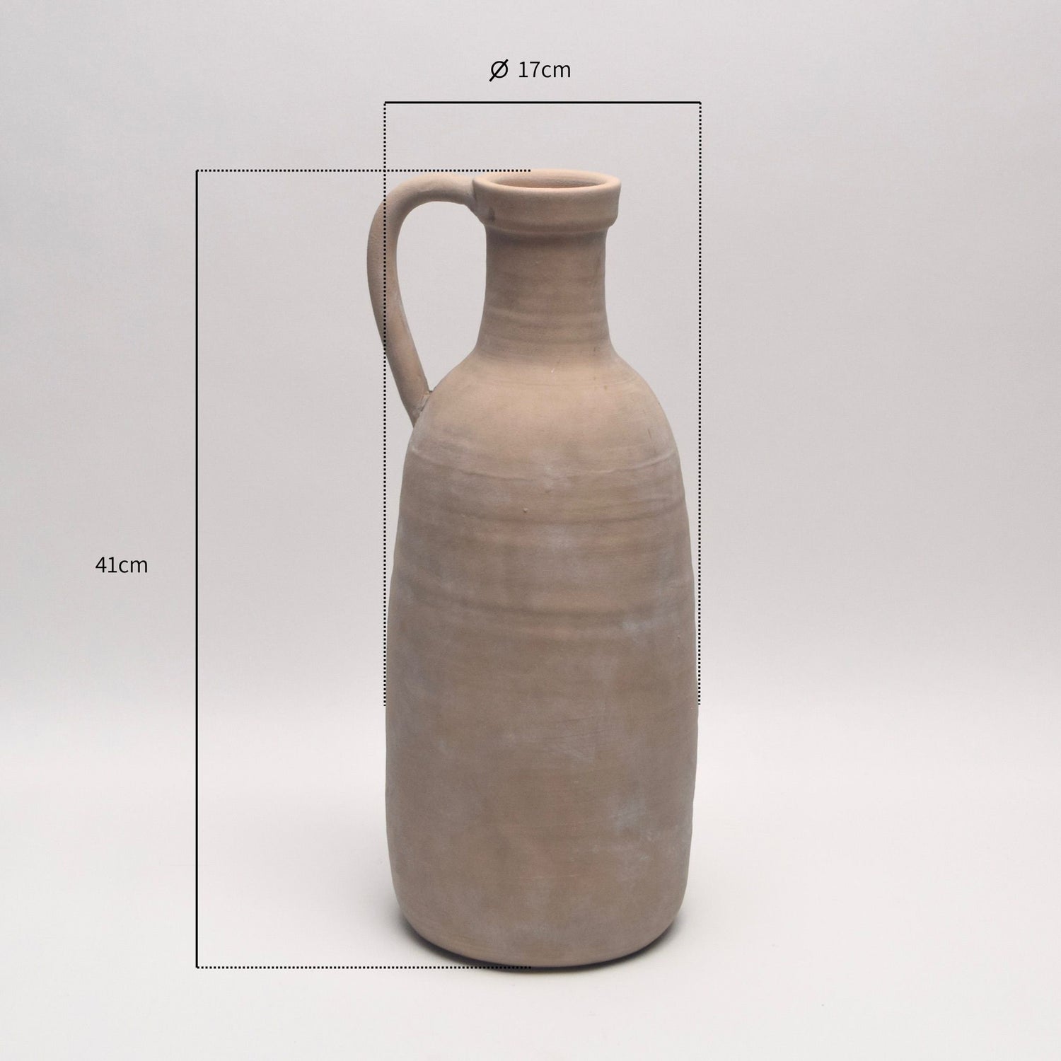 Tall ceramic stone jug with dimensions annotated