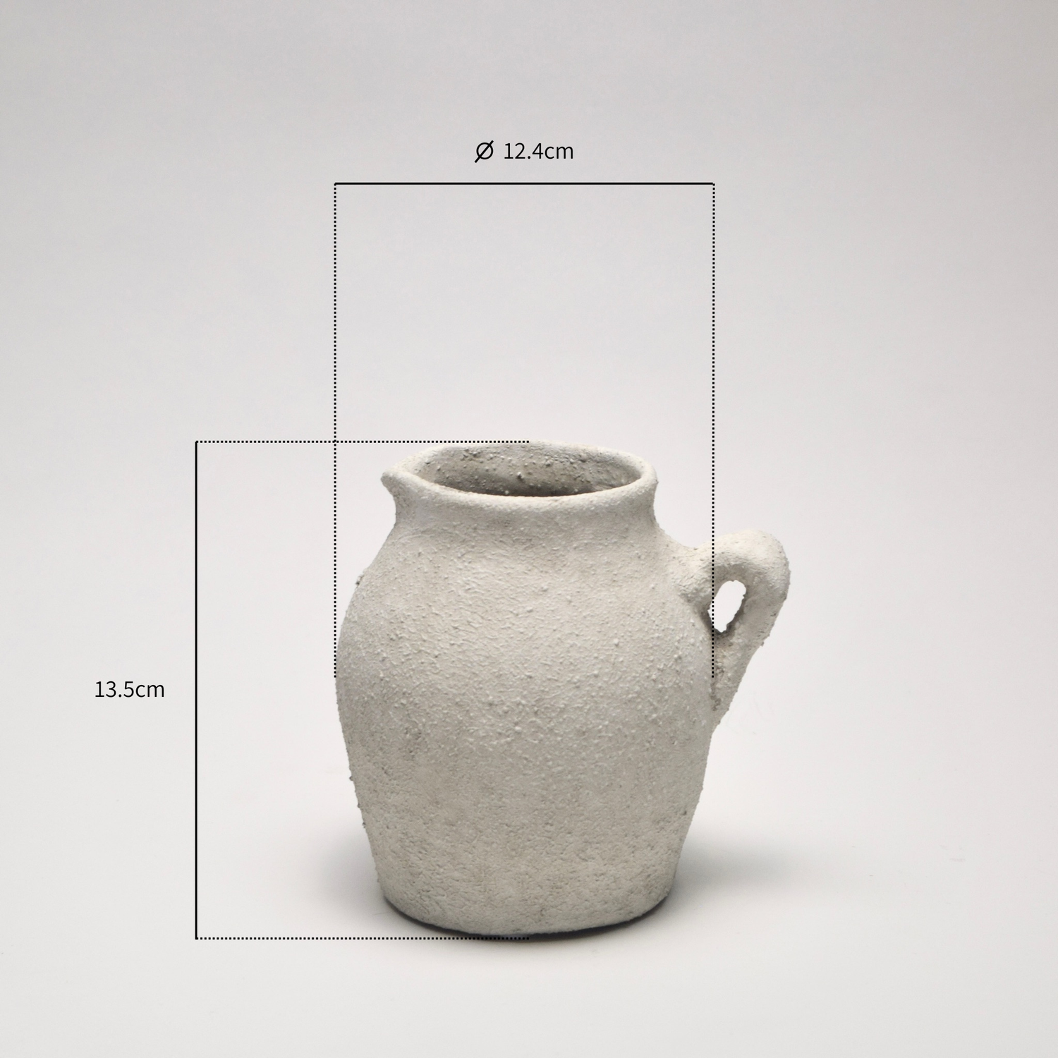 Off-white textured decorative jug with annotated dimensions