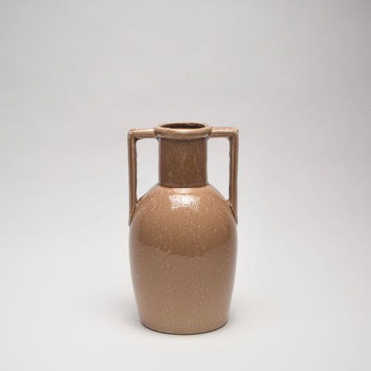 Tan ceramic vase with handles for modern home shelf styling