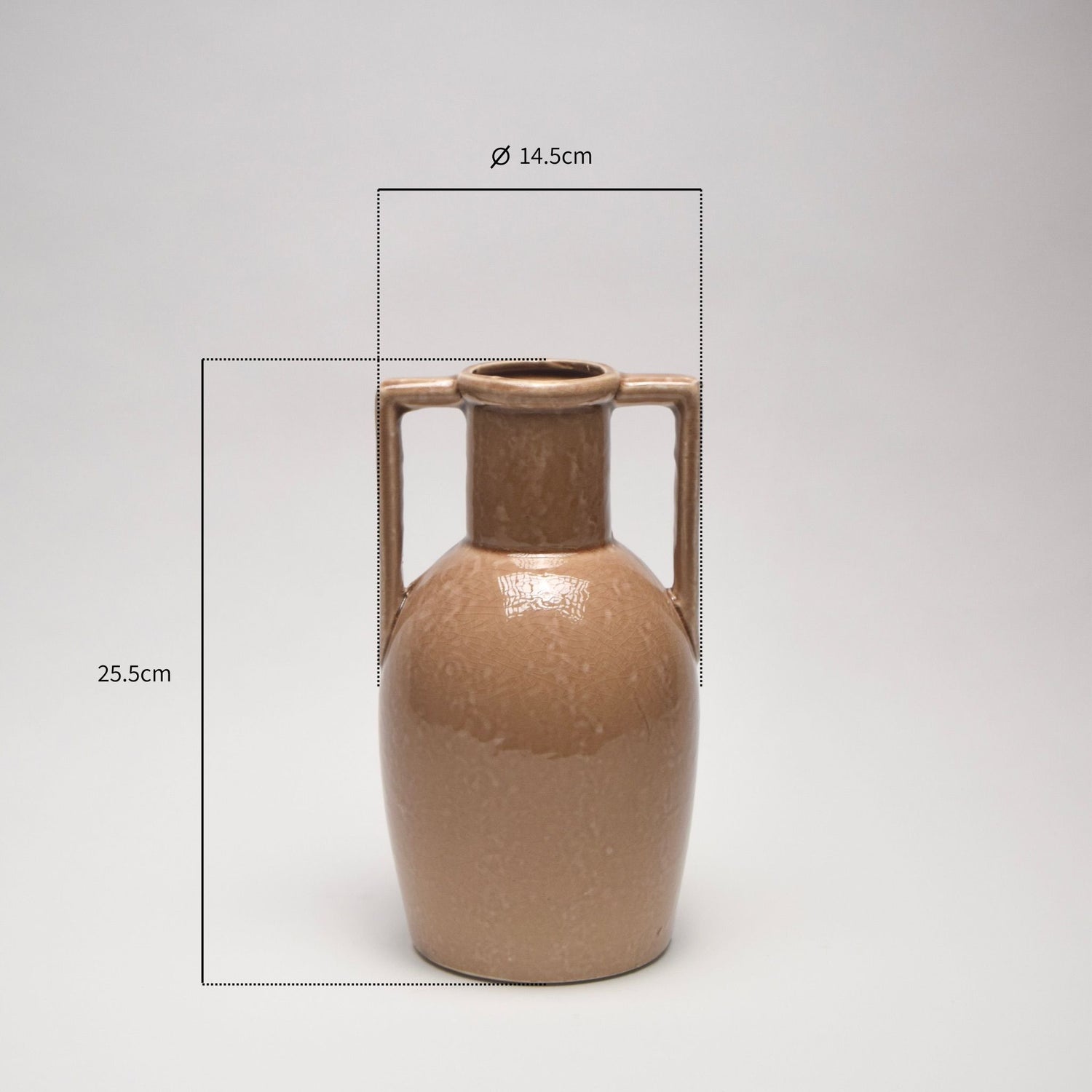 Brown ceramic vase with handles with dimensions annotated