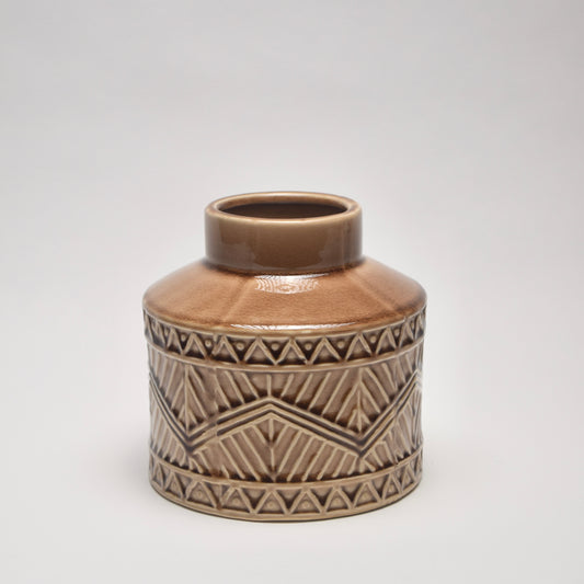 Ceramic vase with geometric aztec pattern for modern home interior styling