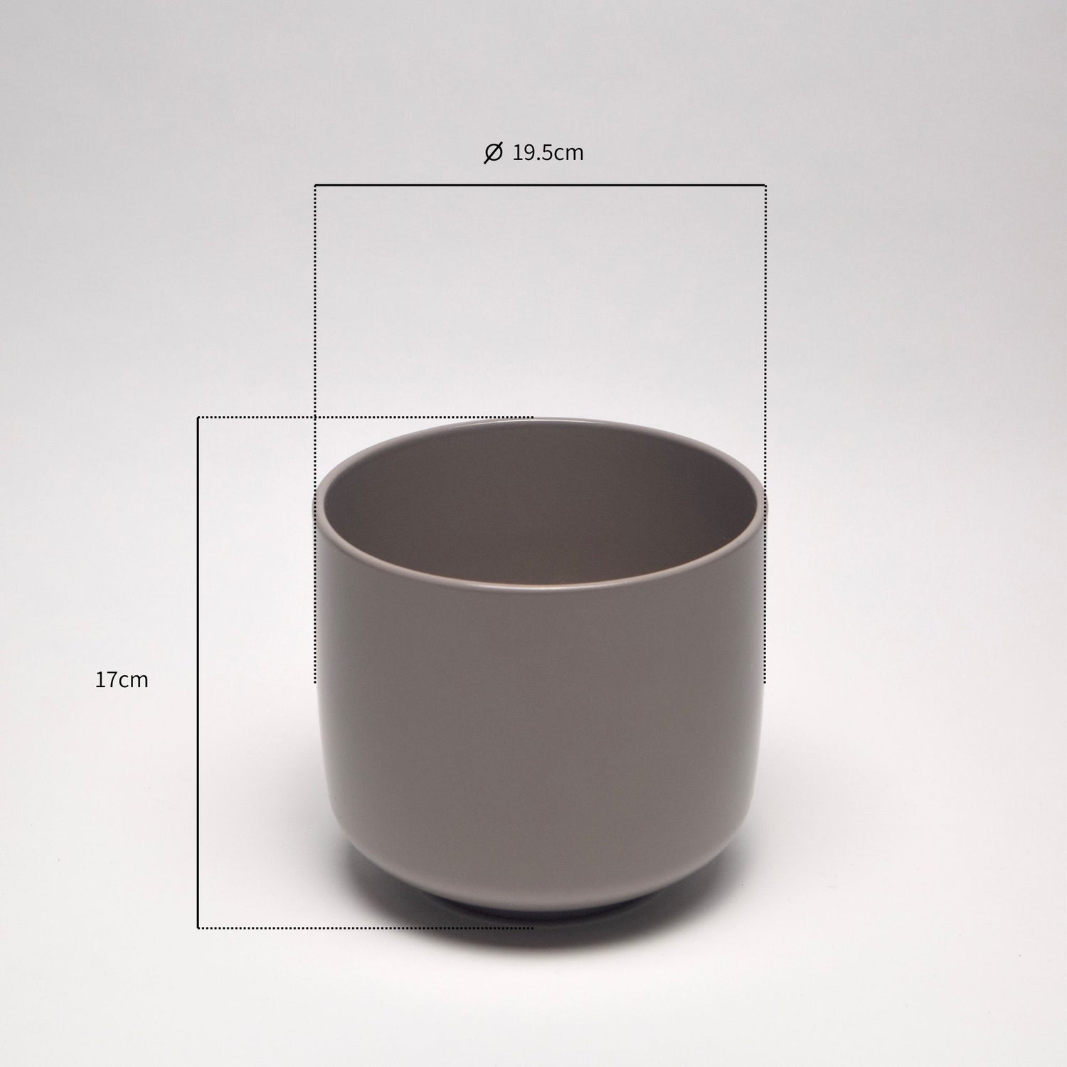 Taupe ceramic plant pot with dimensions annotated