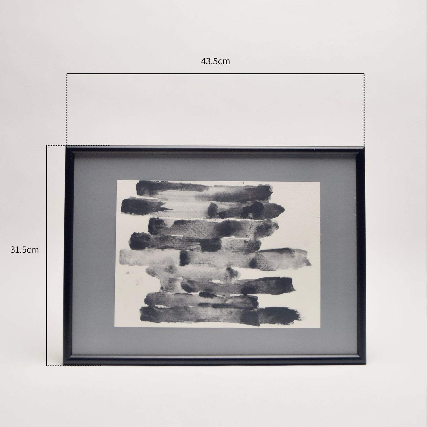 Framed abstract art piece with dimensions indicated on a plain background